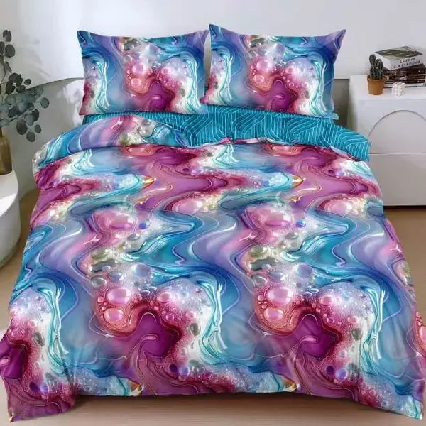 Lenjerie pat dublu cu Elastic, bumbac satinat, Albastru, Mov, abstract