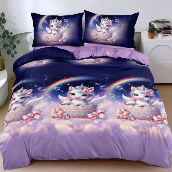 Lenjerie pat dublu cu Elastic, bumbac satinat, Albastru, Mov, unicorni