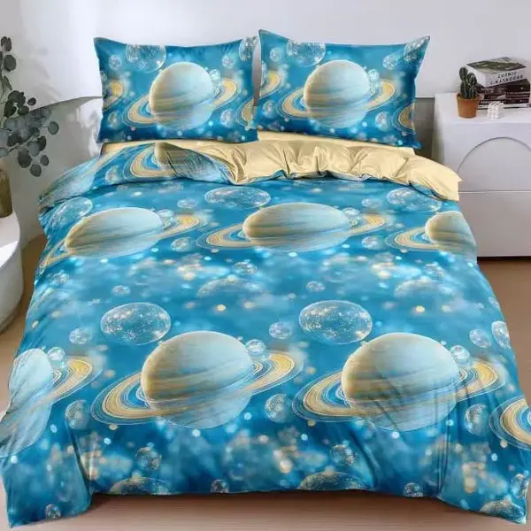 Lenjerie pat dublu cu Elastic, bumbac satinat, Albastru, planete