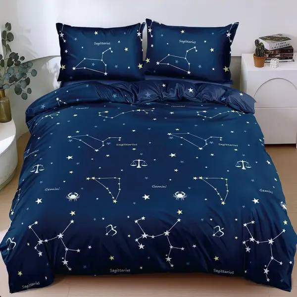 Lenjerie pat dublu cu Elastic, bumbac satinat, albastru, stele