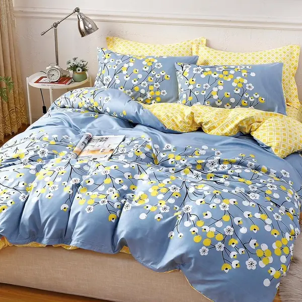 Lenjerie pat dublu cu Elastic, bumbac satinat, Bleu, flori