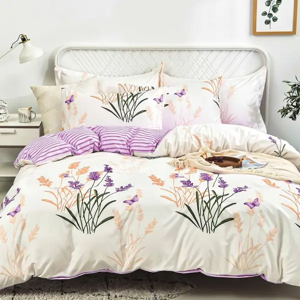Lenjerie pat dublu cu Elastic, bumbac satinat, Crem, Mov, flori