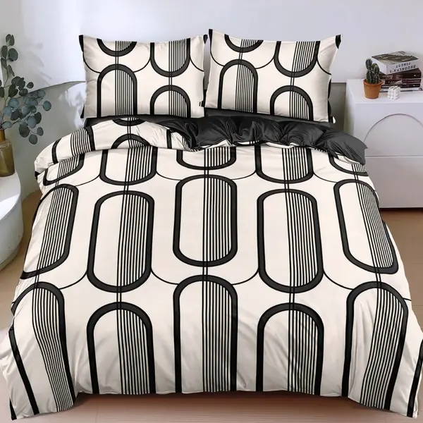 Lenjerie pat dublu cu Elastic, bumbac satinat, Crem, Negru, abstract
