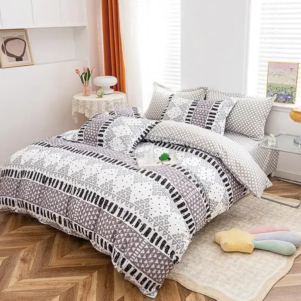 Lenjerie pat dublu cu Elastic, bumbac satinat, Gri, forme geometrice