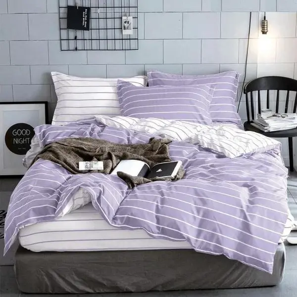 Lenjerie pat dublu cu Elastic, bumbac satinat, Lila, dungi