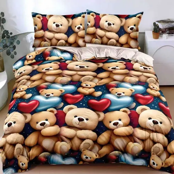 Lenjerie pat dublu cu Elastic, bumbac satinat, Maro, ursuleti