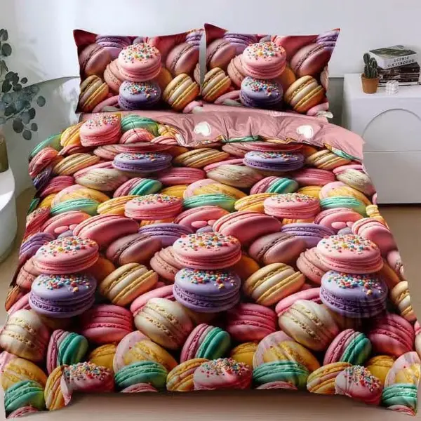 Lenjerie pat dublu cu Elastic, bumbac satinat, Multicolor, macarons