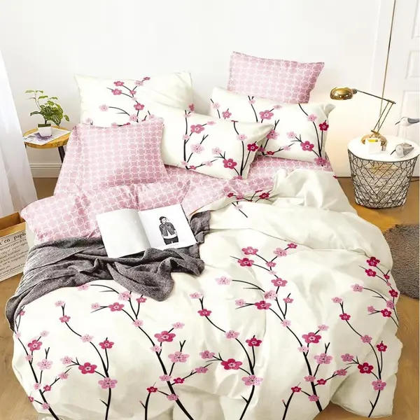 Lenjerie pat dublu cu Elastic, bumbac satinat, Roz, flori
