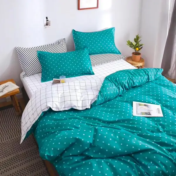 Lenjerie pat dublu cu Elastic, bumbac satinat, Turquoise, buline