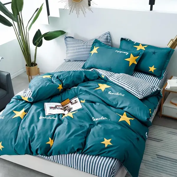 Lenjerie pat dublu cu Elastic, bumbac satinat, Turquoise, stelute