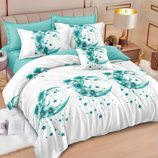 Lenjerie pat dublu cu ELASTIC, Finet, 6 piese, Alb, Bleu, luna si stele