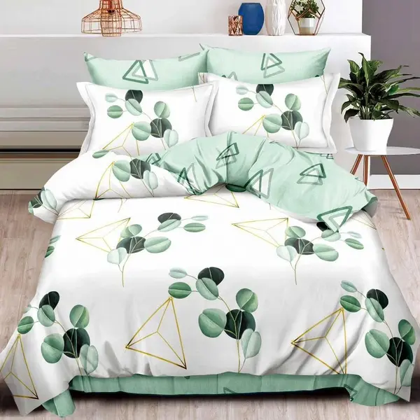 Lenjerie pat dublu cu ELASTIC, Finet, 6 piese, Alb-Verde, frunze, forme geometrice
