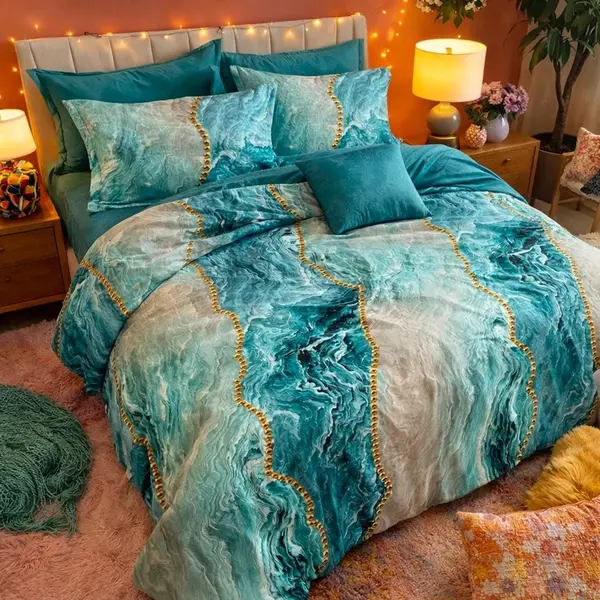 Lenjerie pat dublu cu ELASTIC, Finet, 6 piese, Albastru Aqua, valuri abstracte, perle