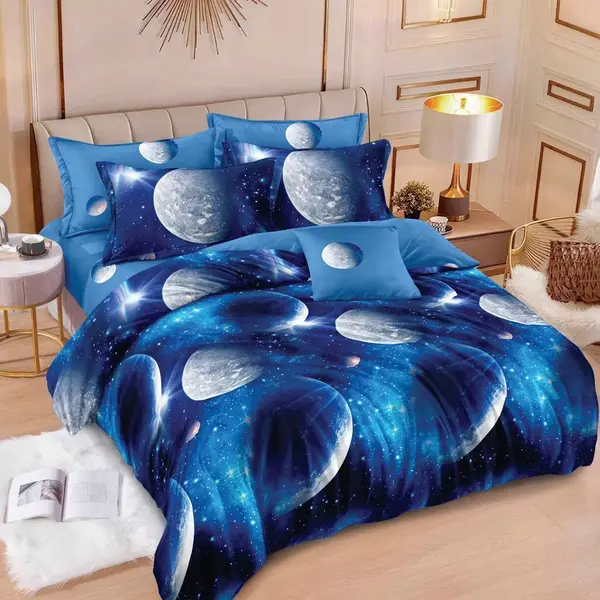 Lenjerie pat dublu cu ELASTIC, Finet, 6 piese, Albastru, planete, spatiu cosmic