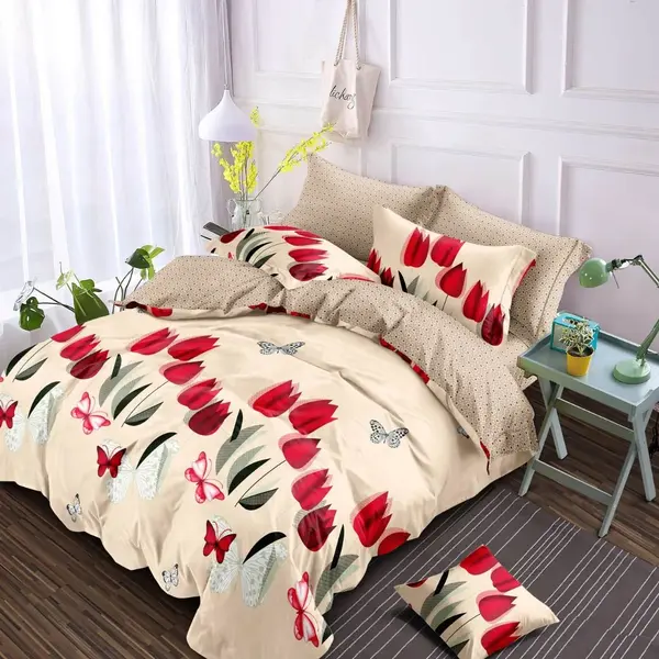 Lenjerie pat dublu cu Elastic, Finet, 6 piese, Bej, lalele rosii