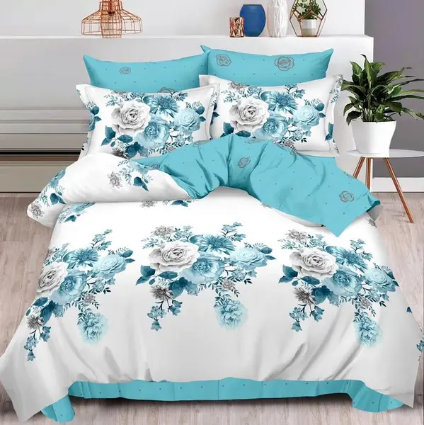 Lenjerie pat dublu cu ELASTIC, Finet, 6 piese, Bleu, flori
