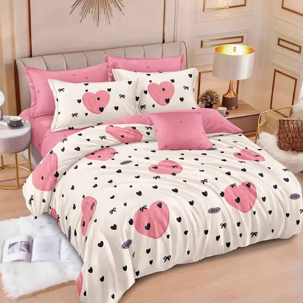 Lenjerie pat dublu cu ELASTIC, Finet, 6 piese, Crem, Roz, inimioare