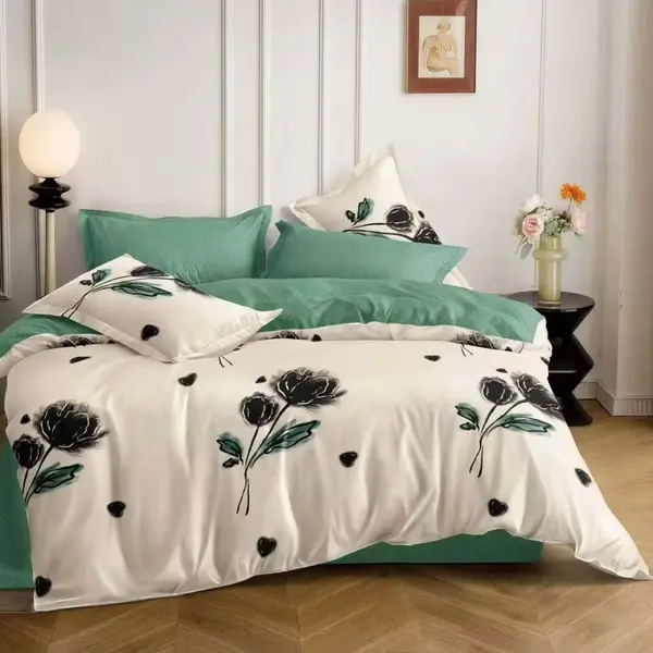 Lenjerie pat dublu cu ELASTIC, Finet, 6 piese, Crem, Verde, flori