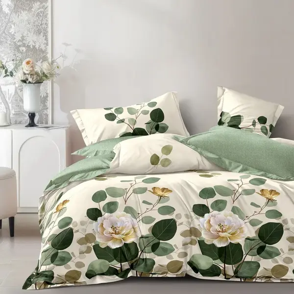 Lenjerie pat dublu cu ELASTIC, Finet, 6 piese, Crem, Verde, flori