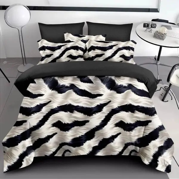 Lenjerie pat dublu cu ELASTIC, Finet, 6 piese, Gri, Negru, animal print