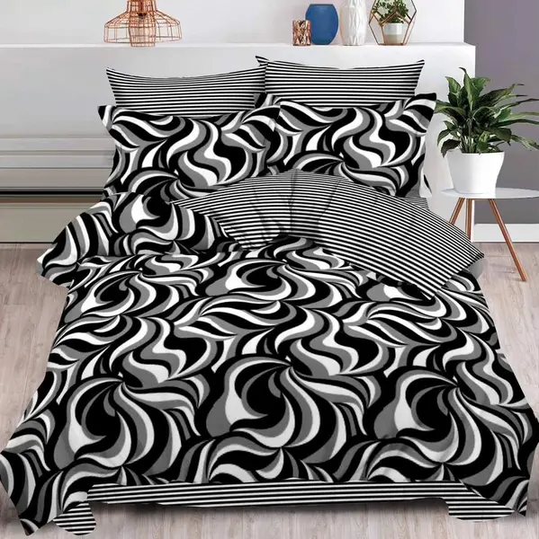 Lenjerie pat dublu cu ELASTIC, Finet, 6 piese, Negru, abstract