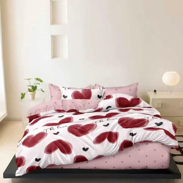 Lenjerie pat dublu cu ELASTIC, Finet, 6 piese, Roz, inimioare