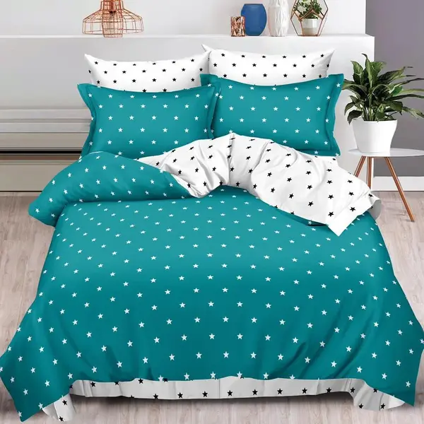 Lenjerie pat dublu cu ELASTIC, Finet, 6 piese, Turquoise, buline