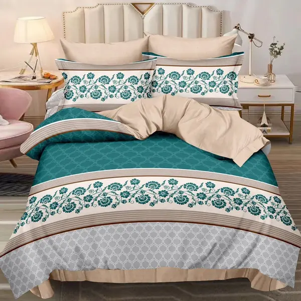 Lenjerie pat dublu cu ELASTIC, Finet, 6 piese, Turquoise, floral