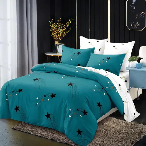 Lenjerie pat dublu cu ELASTIC, Finet, 6 piese, Turquoise, stelute
