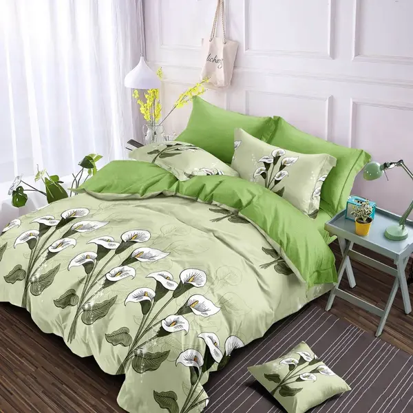 Lenjerie pat dublu cu Elastic, Finet, 6 piese, Verde, flori albe