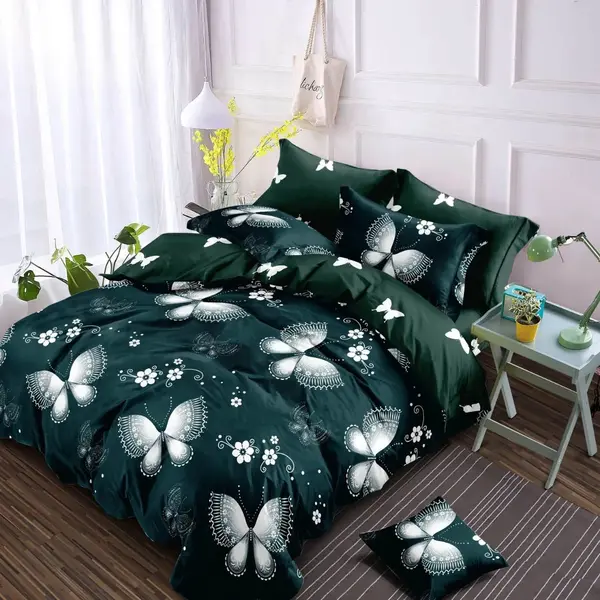 Lenjerie pat dublu cu Elastic, Finet, 6 piese, Verde, fluturi