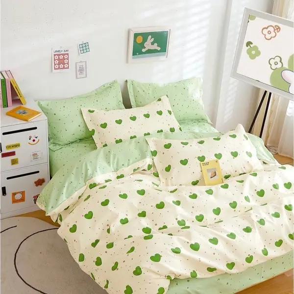 Lenjerie pat dublu cu ELASTIC, Finet, 6 piese, Verde, inimioare, buline