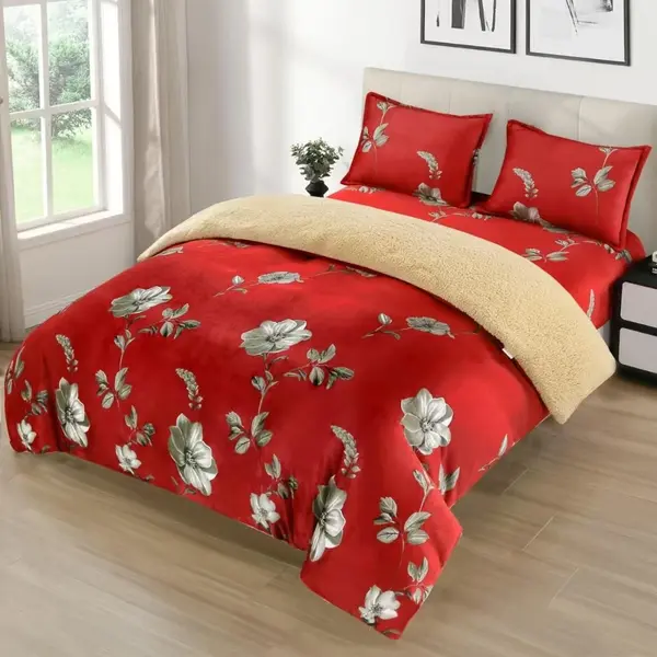 Lenjerie pat dublu cu Elastic, Super Pufoasa COCOLINO cu BLANITA, 4 piese, Rosu, Flori