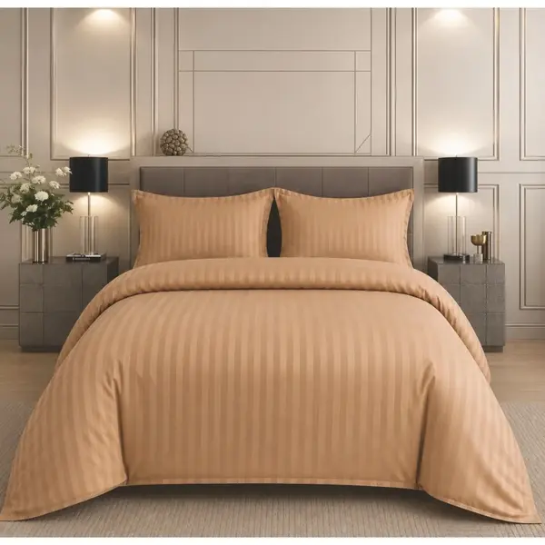 Lenjerie pat dublu, Damasc Finetat Deluxe cu Elastic, 4 piese, Capuccino