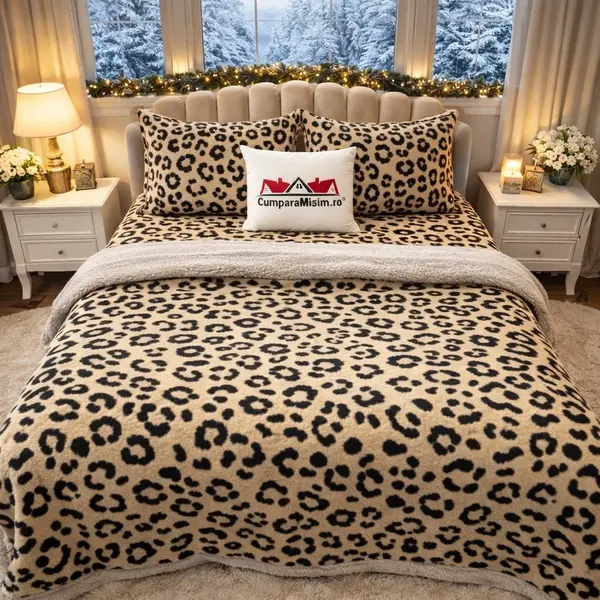 Lenjerie pat dublu, din Blanita Cocolino Sherpa, cu ELASTIC, 4 piese, Bej, Leopard Print