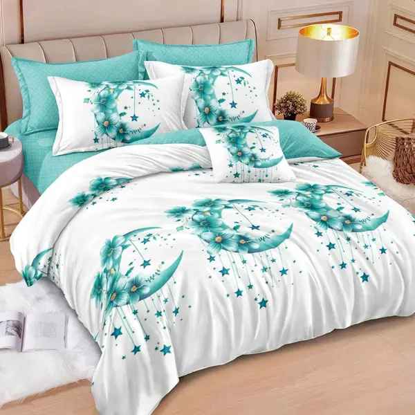Lenjerie pat dublu, Finet, 6 piese, Alb, Bleu, luna si stele