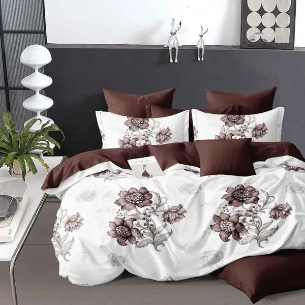 Lenjerie pat dublu, Finet, 6 piese, Alb, Maro, flori
