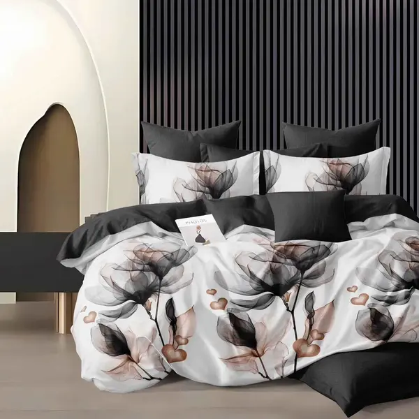 Lenjerie pat dublu, Finet, 6 piese, Alb, Negru, flori