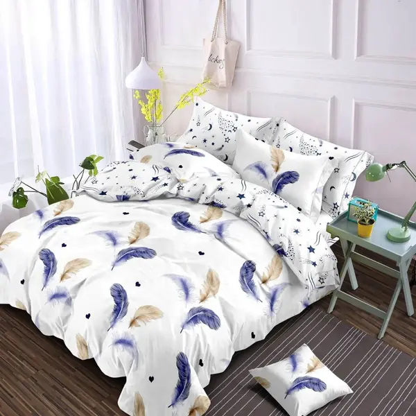 Lenjerie pat dublu, Finet, 6 piese, Alb, pene colorate