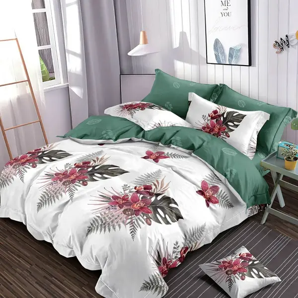 Lenjerie pat dublu, Finet, 6 piese, Alb, Verde, flori