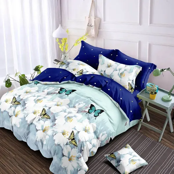 Lenjerie pat dublu, Finet, 6 piese, Albastru, Bleu, fluturi