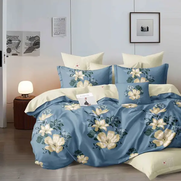 Lenjerie pat dublu, Finet, 6 piese, Albastru, Crem, flori