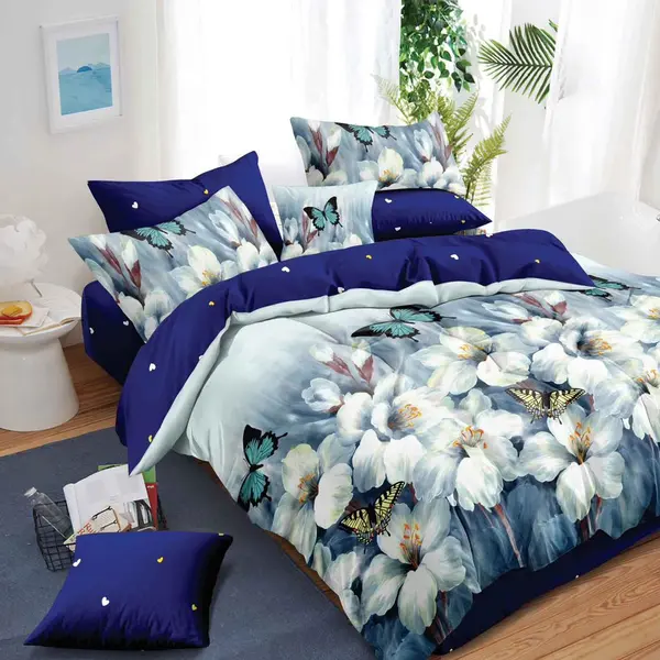 Lenjerie pat dublu, Finet, 6 piese, Albastru, flori