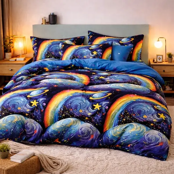 Lenjerie pat dublu, Finet, 6 piese, Albastru, galaxii