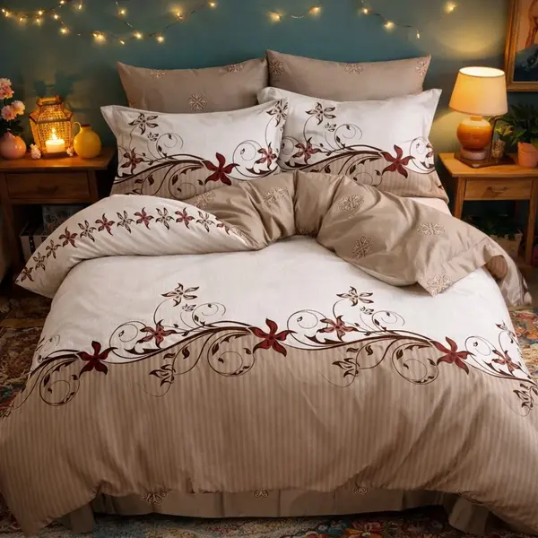 Lenjerie pat dublu, Finet, 6 piese, Bej, floral