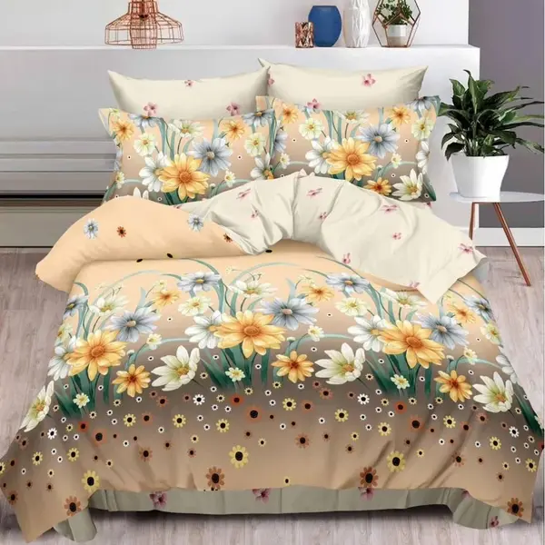 Lenjerie pat dublu, Finet, 6 piese, Bej, flori