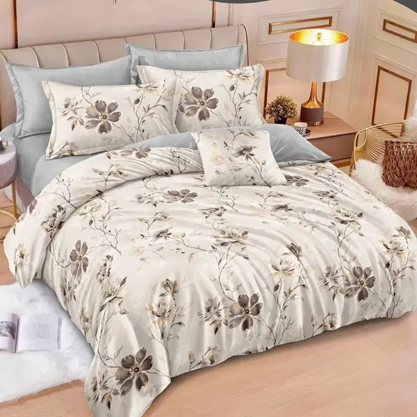 Lenjerie pat dublu, Finet, 6 piese, Bej, Gri, floricele