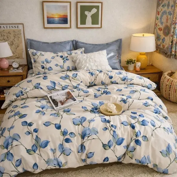 Lenjerie pat dublu, Finet, 6 piese, Bleu, frunze