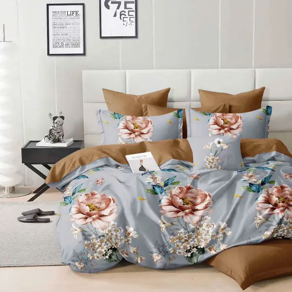 Lenjerie pat dublu, Finet, 6 piese, Bleu, Maro, flori