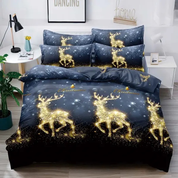 Lenjerie pat dublu, FINET, 6 piese, Craciun, Jojo Home, Bleumarin, reni